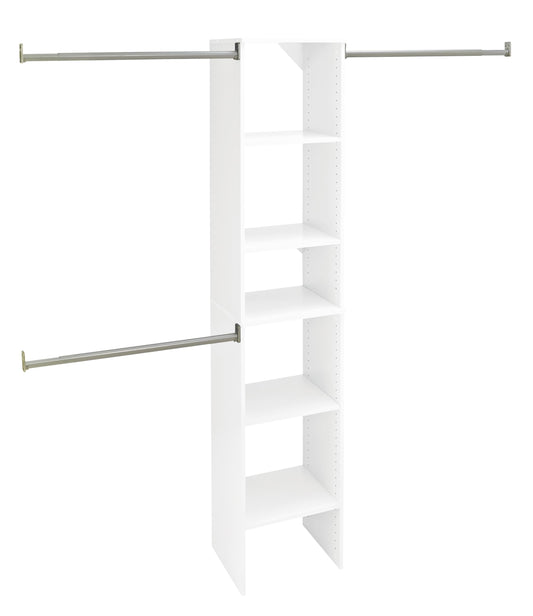 ClosetMaid SuiteSymphony Small Closet Organizer Starter Kit with Tower and 3 Hang Rods, Shelves, Adjustable, Customizable Wardrobe Organizer System, Reach-In or Walk-In Closets, Pure White