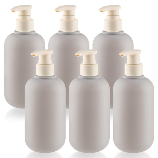 DMuuuDM 6 Pcs 10 oz Soft Plastic Bottles with Press Pump,Empty Refillable Travel Shampoo Dispenser Container for Hand Soap,Shampoo,Lotion,Body Wash,Conditioner,Silicone Funnel Included (Grey)