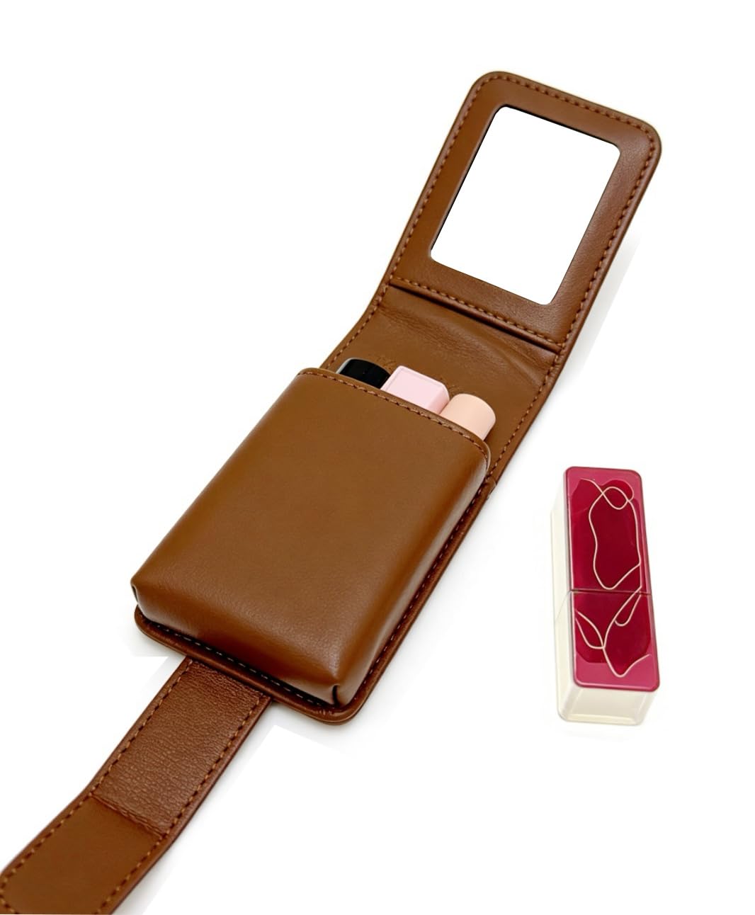 AgentMoon Luxury Handheld Lipstick Pouch with Mirror,Genuine Leather Lip Balm Case with Clamshell Magnetic Hidden Clasp and Hook for Chain.Portable Travel Cosmetic Case for Women.(Light Brown Woven)