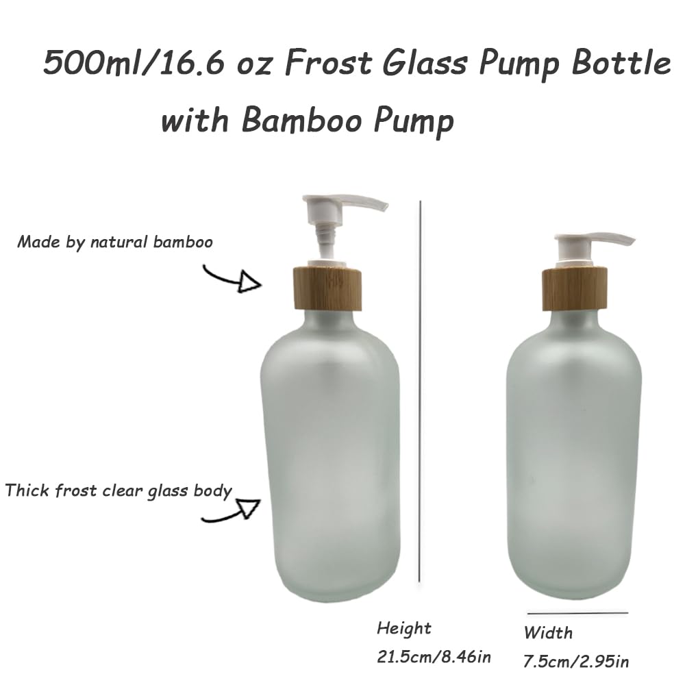 2PCS 500ML/16.6 oz Empty Refillable Frosted Glass Pump Bottles Container Holder Vials Pot Storage with Bamboo Screw Pump Head for Bath Shower Shampoo Hair-Conditioner Cleanser Makeup Liquids