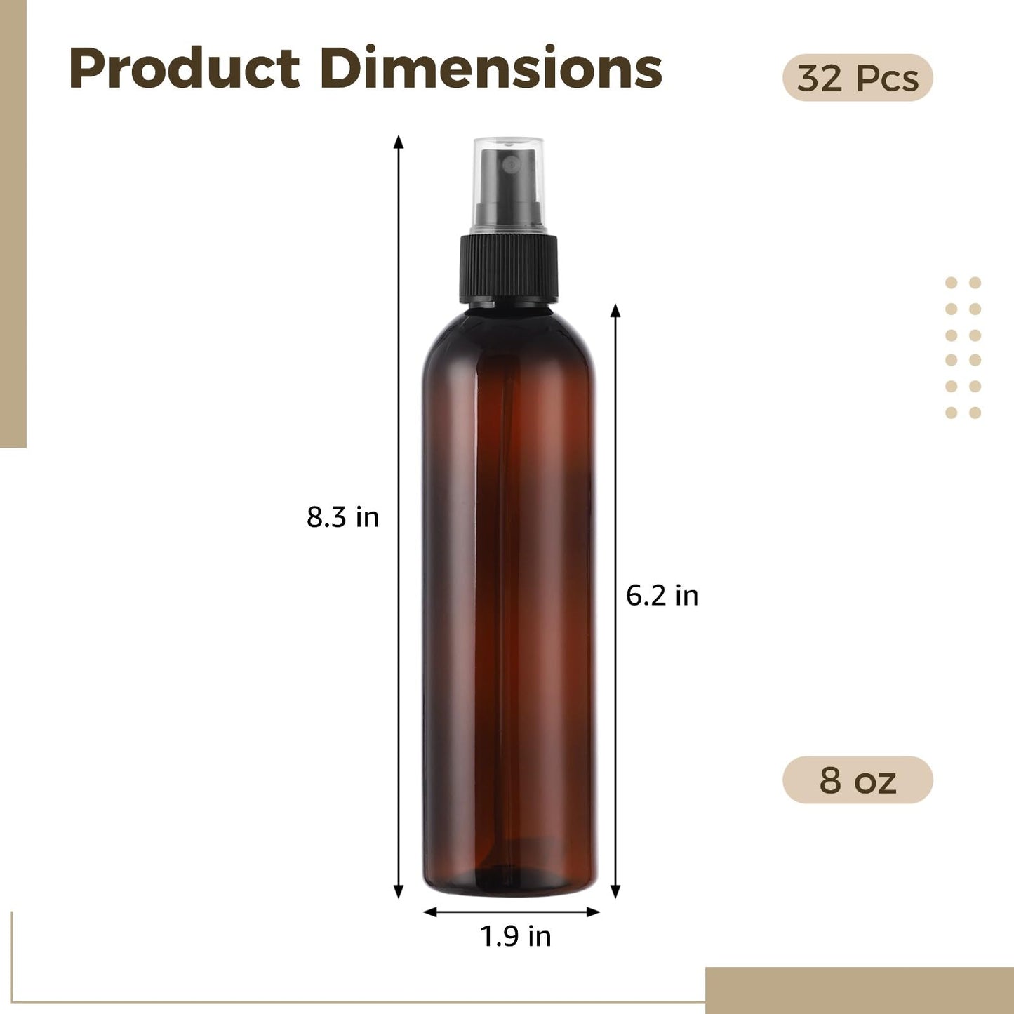 32 Pcs Plastic Amber Spray Bottles 8 oz - Small Fine Mist Cleaning Bottles, Empty Refillable Atomizer Containers, Portable Leak-proof Travel Dispenser Bottles for Essential Oils, Perfume Products