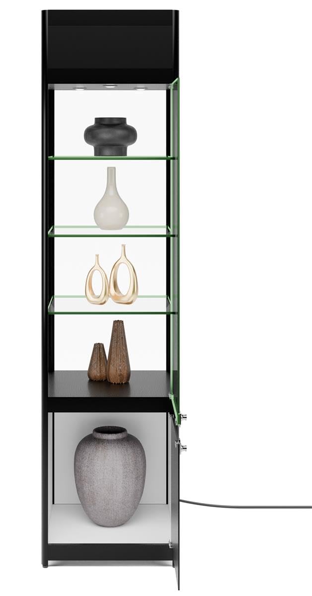 Displays2go, Glass Store Tower with LED Lighting, Laminated MDF, Tempered Glass Construction – Black (SCTWRLEDB)
