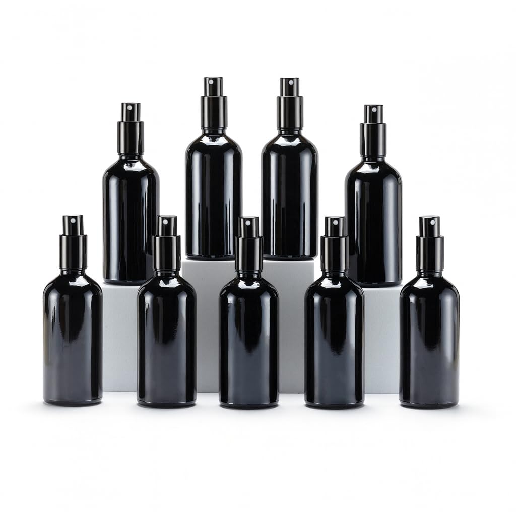 YIZHAO Black Glass Spray Bottles 4oz, with Small Fine Mist Spray, Metal Cap, Refillable for Essential Oil,Travel,Cleaning,Perfume,Aromatherapy,Makeup – 9 Pcs