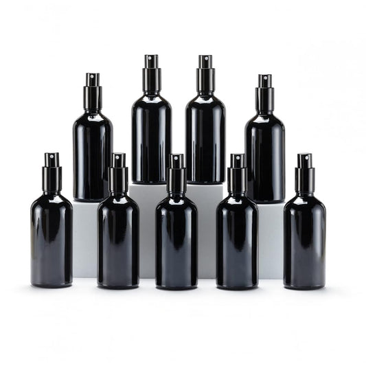 YIZHAO Black Glass Spray Bottles 4oz, with Small Fine Mist Spray, Metal Cap, Refillable for Essential Oil,Travel,Cleaning,Perfume,Aromatherapy,Makeup – 9 Pcs