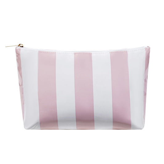 Large PVC Waterproof Striped Makeup Bag,Clear Coated Cosmetic Bags,Easy to Clean,Travel Organizer Zipper Pouch Beach Vacation Essentials for Women Girls(01Pink)