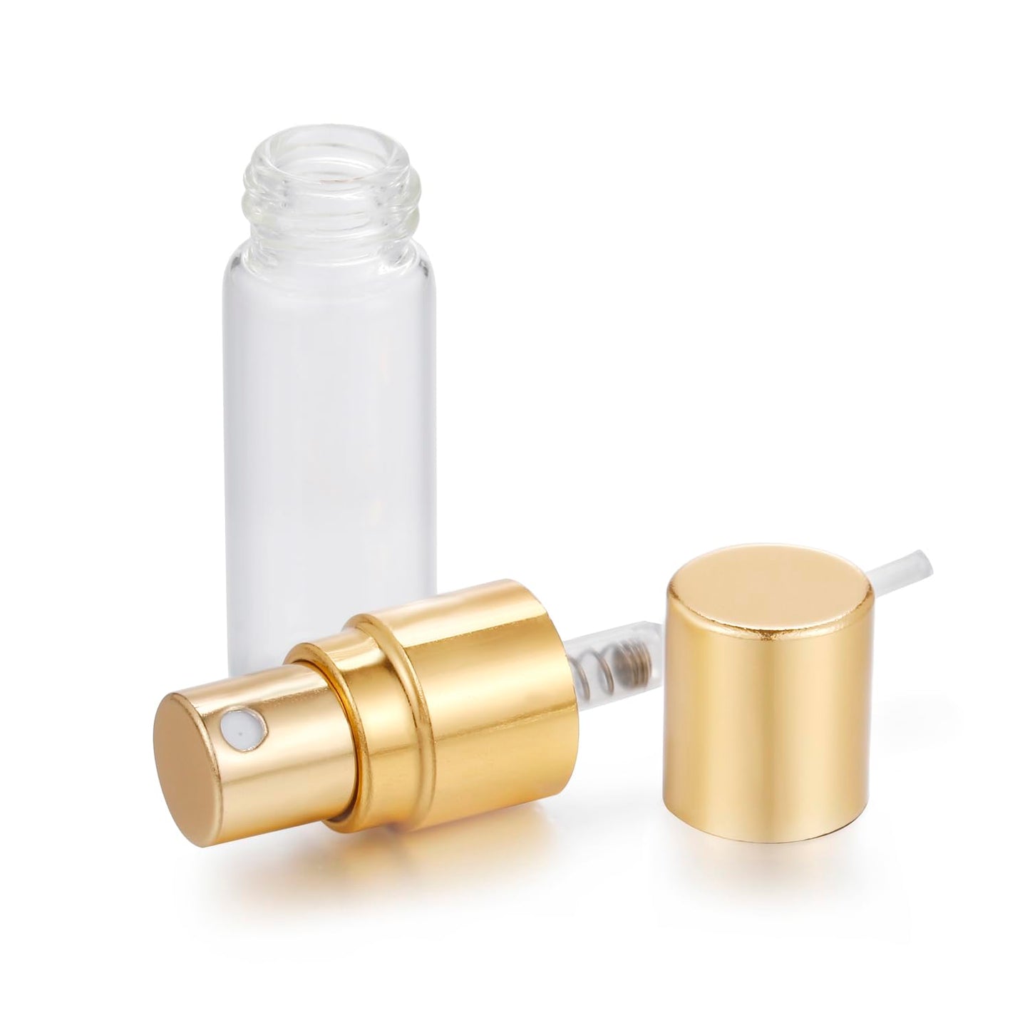 Jxcmeng 20Pcs 3ml Empty Clear Glass Mist Spray Bottle Refillable Mini Perfume Atomizer Travel Sample Bottle with Golden Aluminized Nozzle Makeup Container for Perfume (3ml Gold Caps)