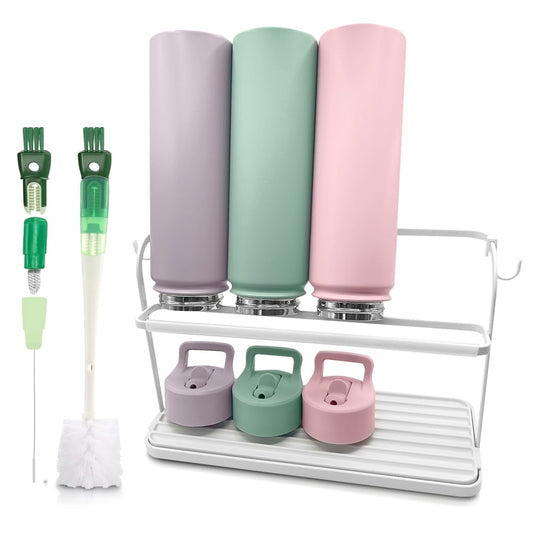 WAKUBON Cup Drying Rack for Counter, Water Bottle Drying Rack for Kitchen Counter, 2-Tier Tumbler, Mug and Glass Drying Rack with Drain Tray and 5-in-1 Cleaning Brush