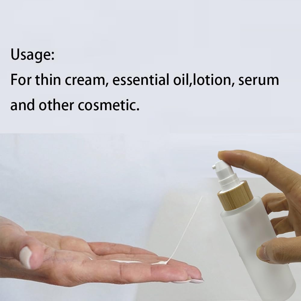 BEECO GIF2U Empty Cosmetic Bottles 3.3oz/100ml 4 PACK with Bamboo Cap,Frosted Glass Lotion Pump DispenserRefillable Emulsion Cosmetic Cream Bottles, Toiletries Refill Travel Containers(Frost Clear)