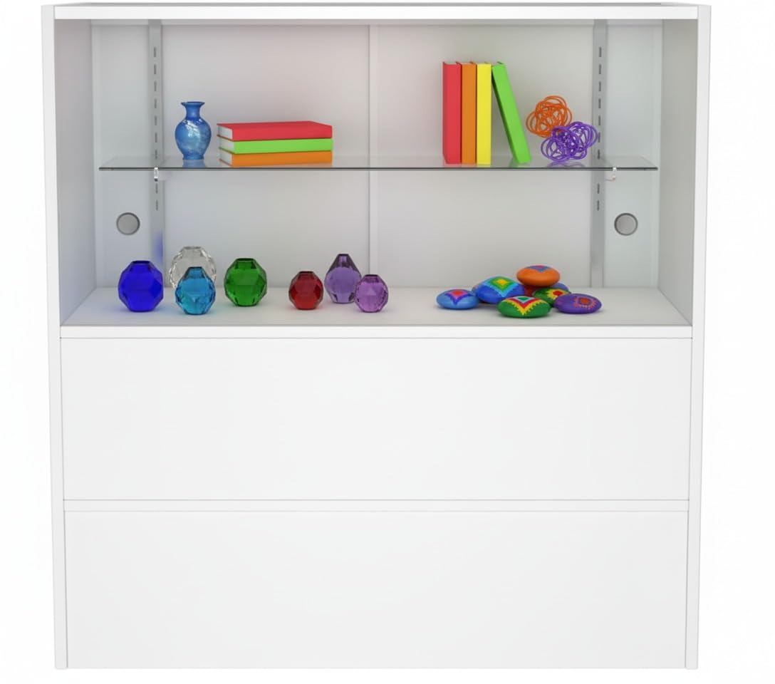 WISDOMFUR 3-Foot Retail Display Showcase Cabinet – 36” x 18” x 38” Half Vision Glass Top Case with Storage Base, White Counter Display for Jewelry, Collectibles & Electronics