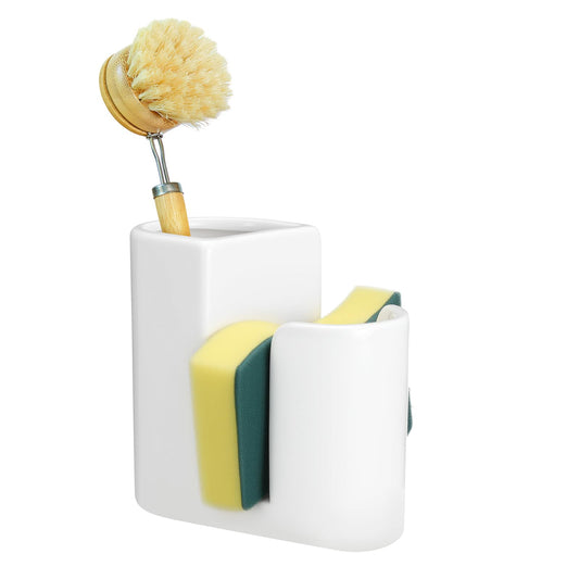 Geelin 2 in 1 Ceramic Kitchen Sink Caddy Dish Sponge Holder and Scrub Brush Holder for Kitchen Organizer Rustic Farmhouse Supplies(White,Simple)