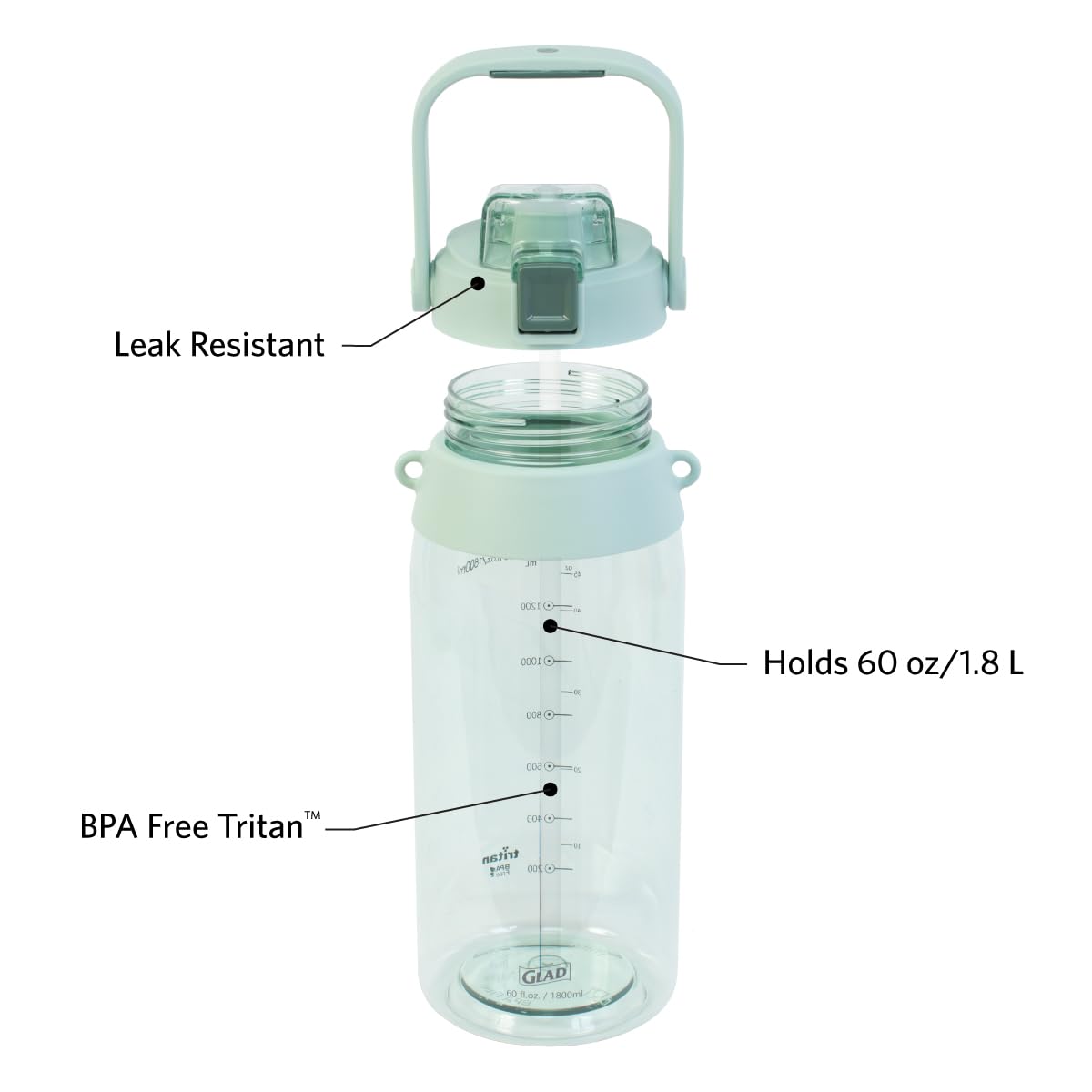 Glad Tritan Water Bottle - BPA Free, Straw & Chug Lid, Leak Resistant - Durable Plastic Hydration Water Bottle with Adjustable Strap for Hiking and Sports, 60oz, Green