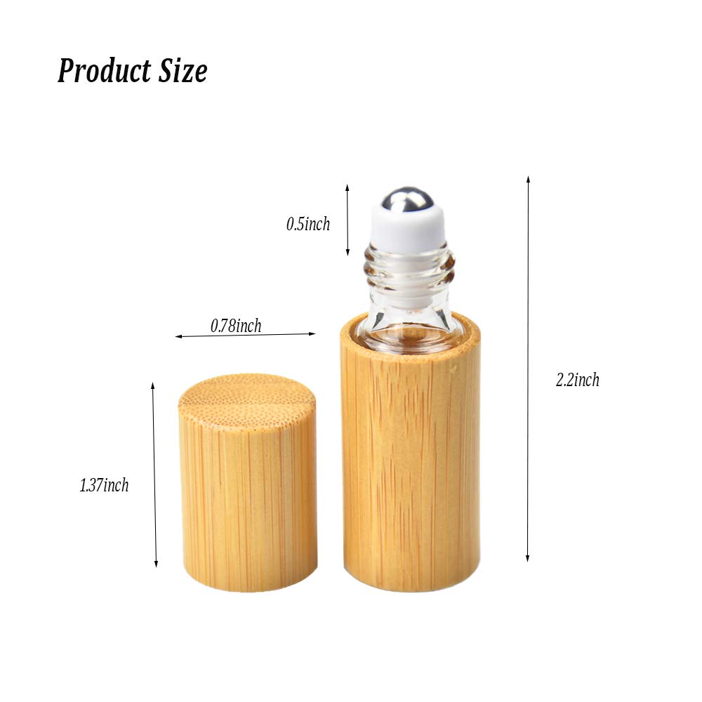 AUHOKY 12Pcs Bamboo Roll on Bottles for Essential Oils, Portable Massage Oil Bottle with Stainless Steel Roller Ball, Reusable Travel Perfumes Sample Lip Gloss Container (1 Opener) (5ML)