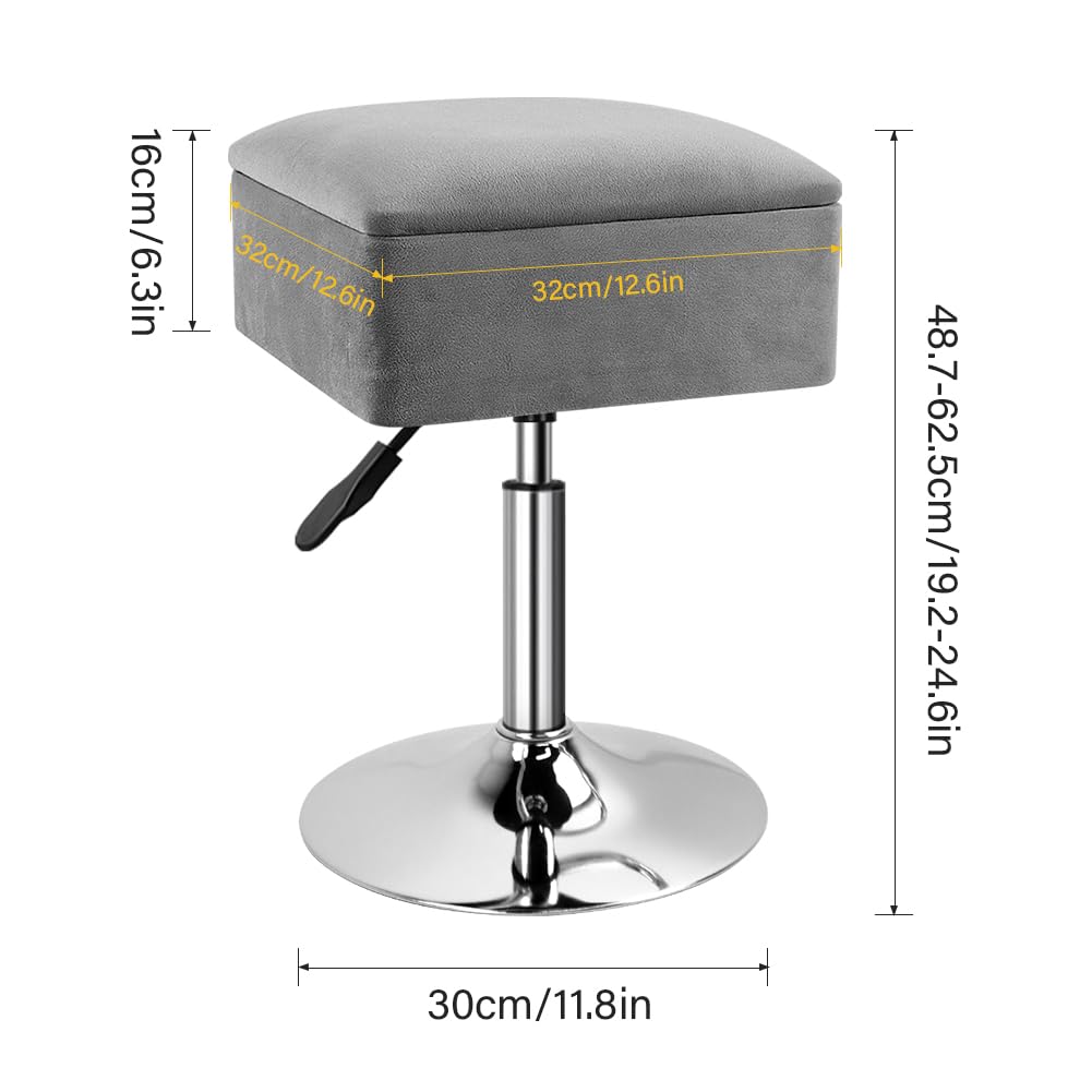 WKWKER Adjustable Vanity Stool with Storage Velvet 360° Swivel Makeup Stool Small Ottoman Chair Metal Base for Vanity Bedroom Living Room Lab Salon Studio Counter Desk (Gray)