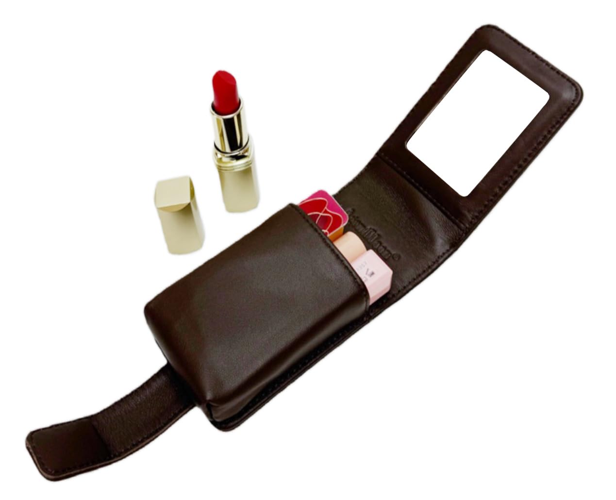 AgentMoon Luxury Handheld Lipstick Pouch with Mirror,Genuine Leather Lip Balm Case with Clamshell Magnetic Hidden Clasp and Hook for Chain.Portable Travel Cosmetic Case for Women Gift. (Dark Coffee)