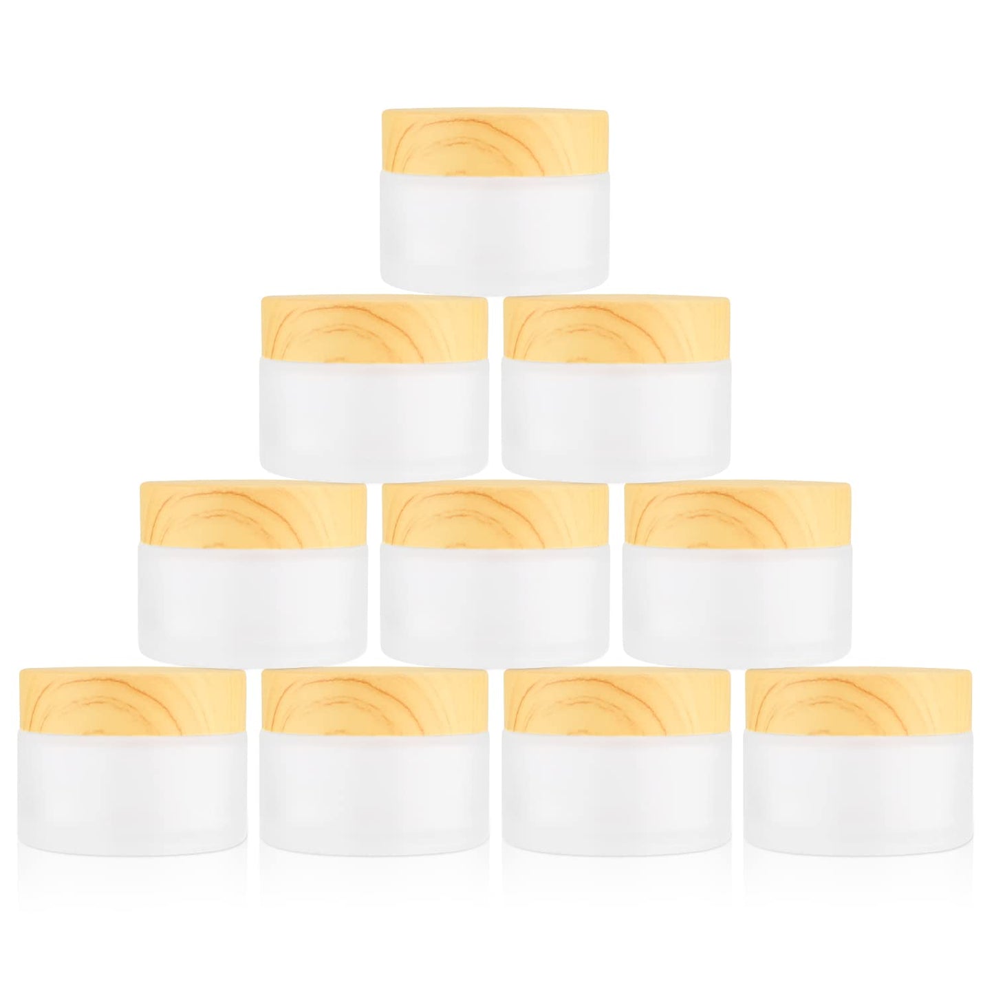 DMuuuDM 1 Oz 10 Pack Frosted Glass Face Cream Jars,Empty Cream Jars Holder Case with Wood Grain Lid&Inner liner,Sample Cosmetic Container Vials Pot for Eyeshadow,Lotion,Foundation,Lip Balm