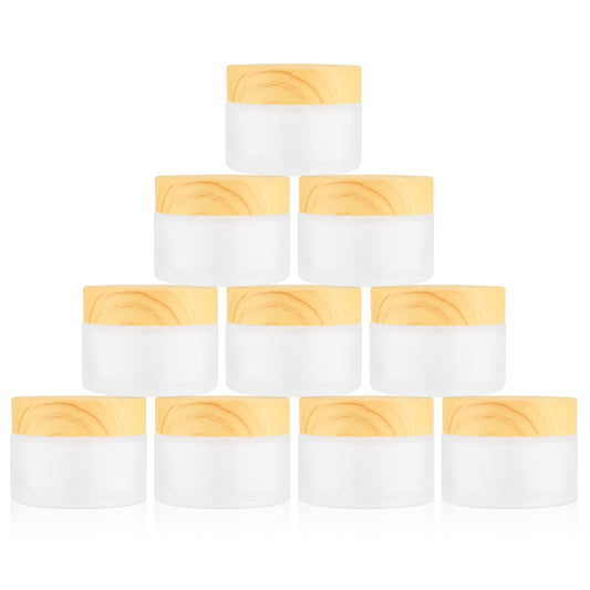 DMuuuDM 1 Oz 10 Pack Frosted Glass Face Cream Jars,Empty Cream Jars Holder Case with Wood Grain Lid&Inner liner,Sample Cosmetic Container Vials Pot for Eyeshadow,Lotion,Foundation,Lip Balm