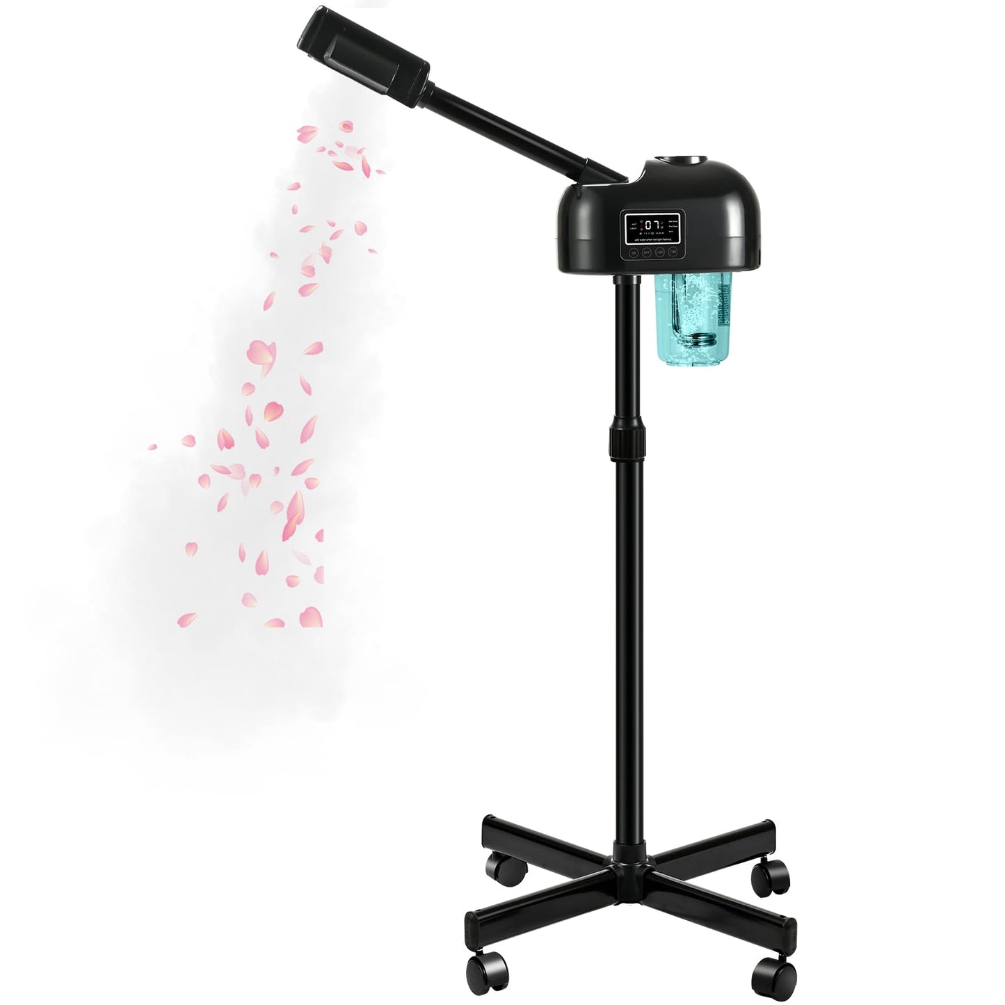 LCD Facial Steamer Professional for Clean Skin, Skin Care Use at Home, Beauty Salon, Spa with Hot Mist, Timer Function, Adjustable Height, Rolling Wheels - Black