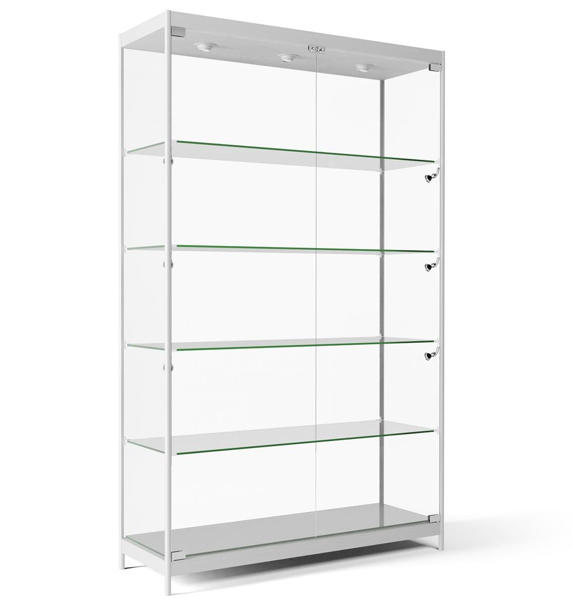 Displays2go Tempered Glass Display Cabinet with LED Lights, 48”W x 78”H – Anodized Aluminum & Melamine Shelving – Modern Display Case for Collectibles, Home Décor, and Retail – Silver