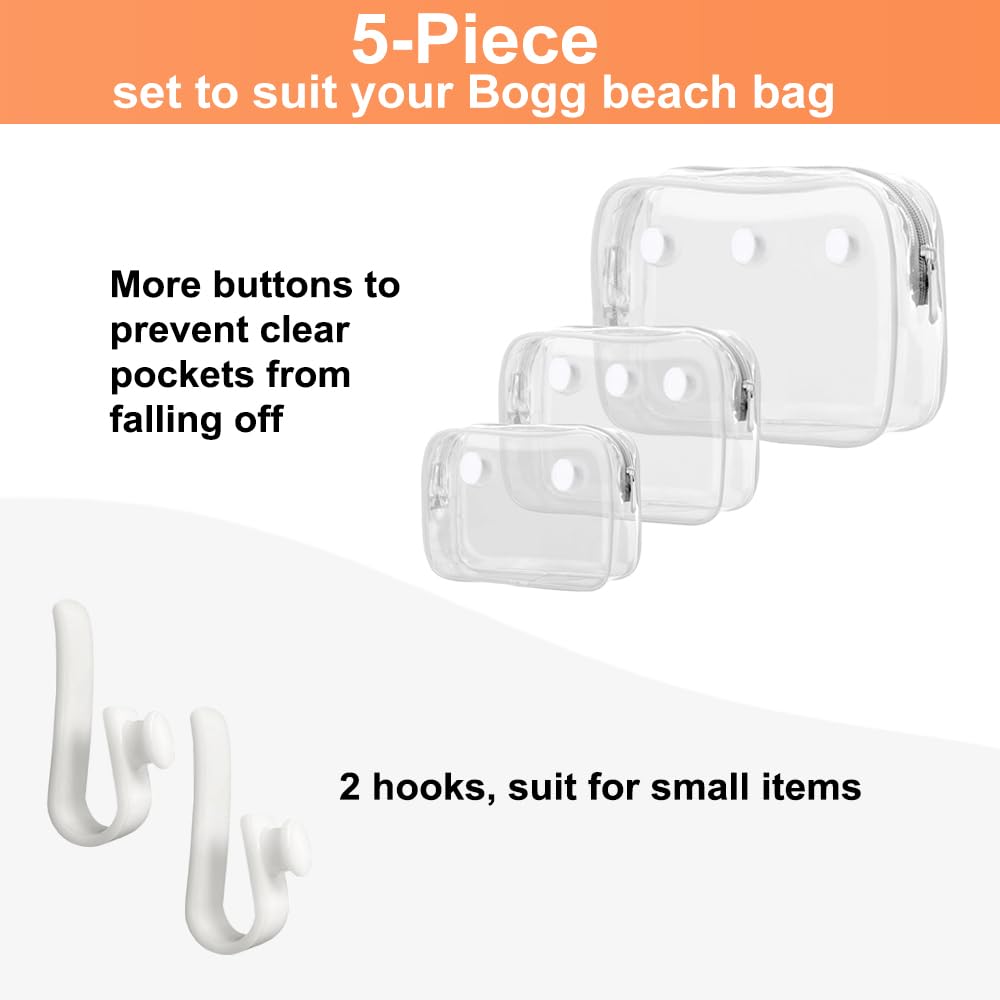 Everfunny 3 Pcs Clear Bogg Beach Tote Bag with 4 Pcs Insert Hooks Accessories for Bogg Bags Travel Makeup Clean Toiletry Brush Organizer Cosmetic Divider Storage Inner Pouch (White set of 3)