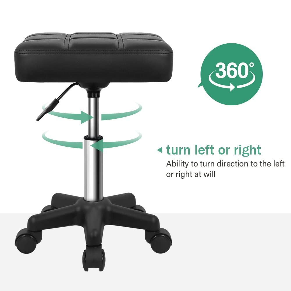 FURWOO Square Swivel Stool with Wheels PU Leather Rolling Stool Height Adjustable for Spa Salon Massage Black