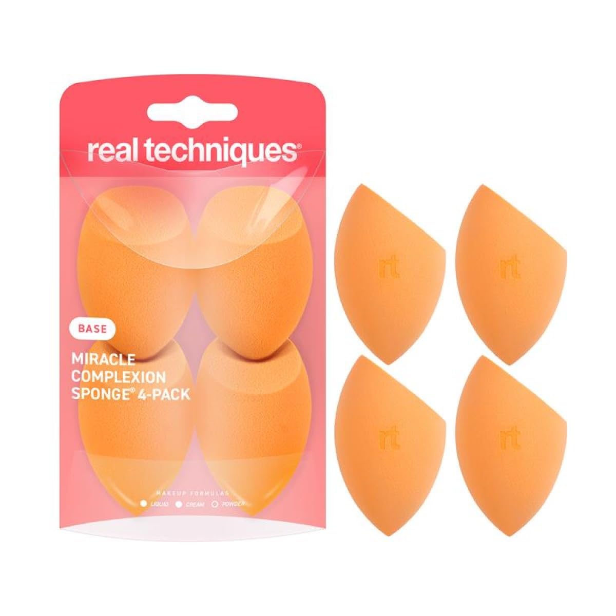 Real Techniques Miracle Complexion Sponge 4 Pack, Makeup Blending Sponges for Liquid & Cream Foundation & Skin Tints, Buildable Coverage, Dewy Base, Cruelty-Free, Latex-Free Foam