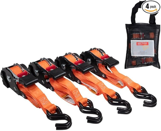 4 Pack Orange Auto Retract NO-RATCHETING Ratchet Straps | 1" x 12' Retractable Ratchet Straps with Zinc Coated S Hook Tiedowns for Motorcycles, ATVs, Bikes, Trailer Tie-Down