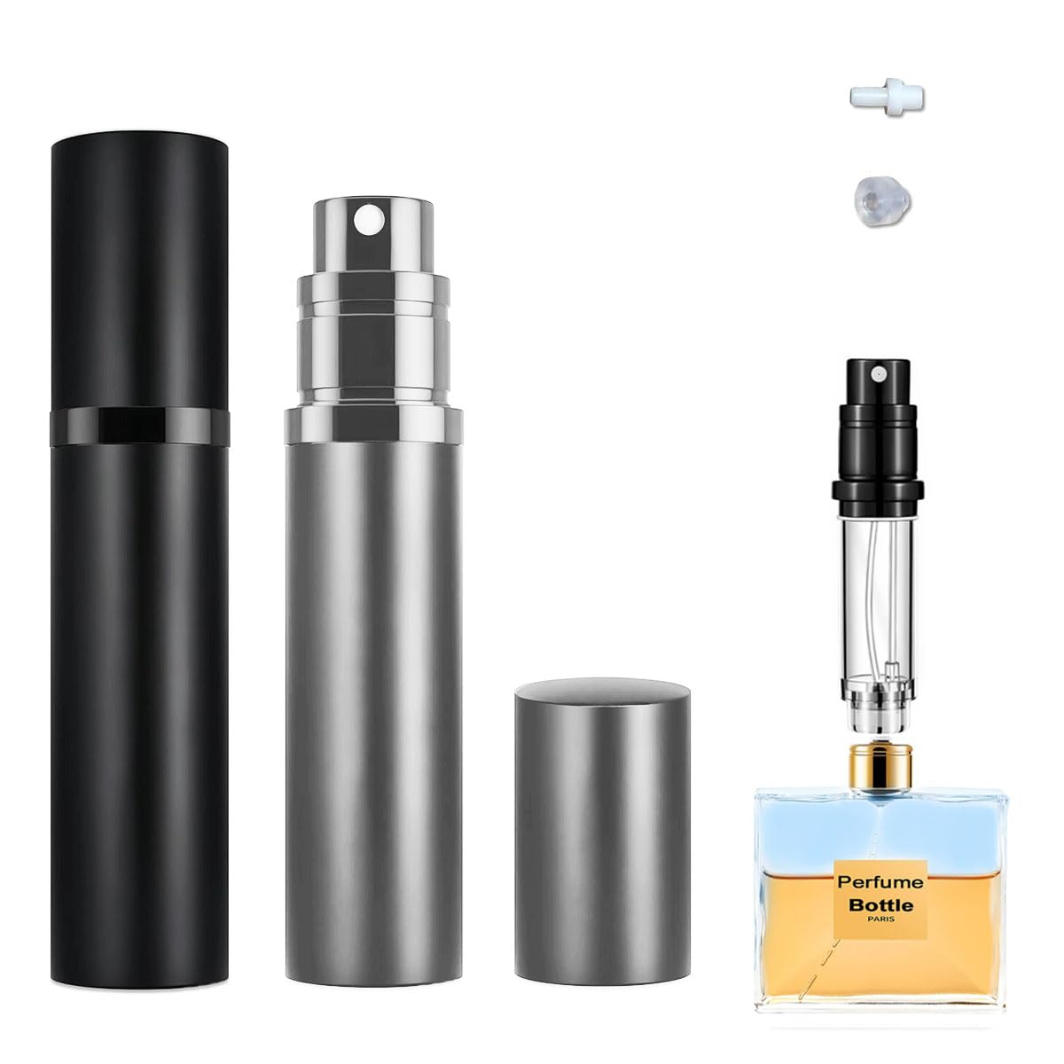 YiLianSM 2PCS 5ml Perfume Atomizer Travel Refillable, Bottom-Filling Fragrances Perfumes Bottle, Pocket Atomiser for On the Go (Black & Gray)