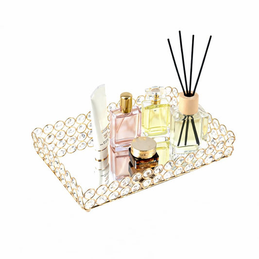Feyarl Mirrored Crystal Vanity Makeup Tray Ornate Jewelry Trinket Organizer Cosmetic Perfume Bottle Decorative Tray Home Deco Dresser Skin Care Storage (Rectangle 12" x 8")