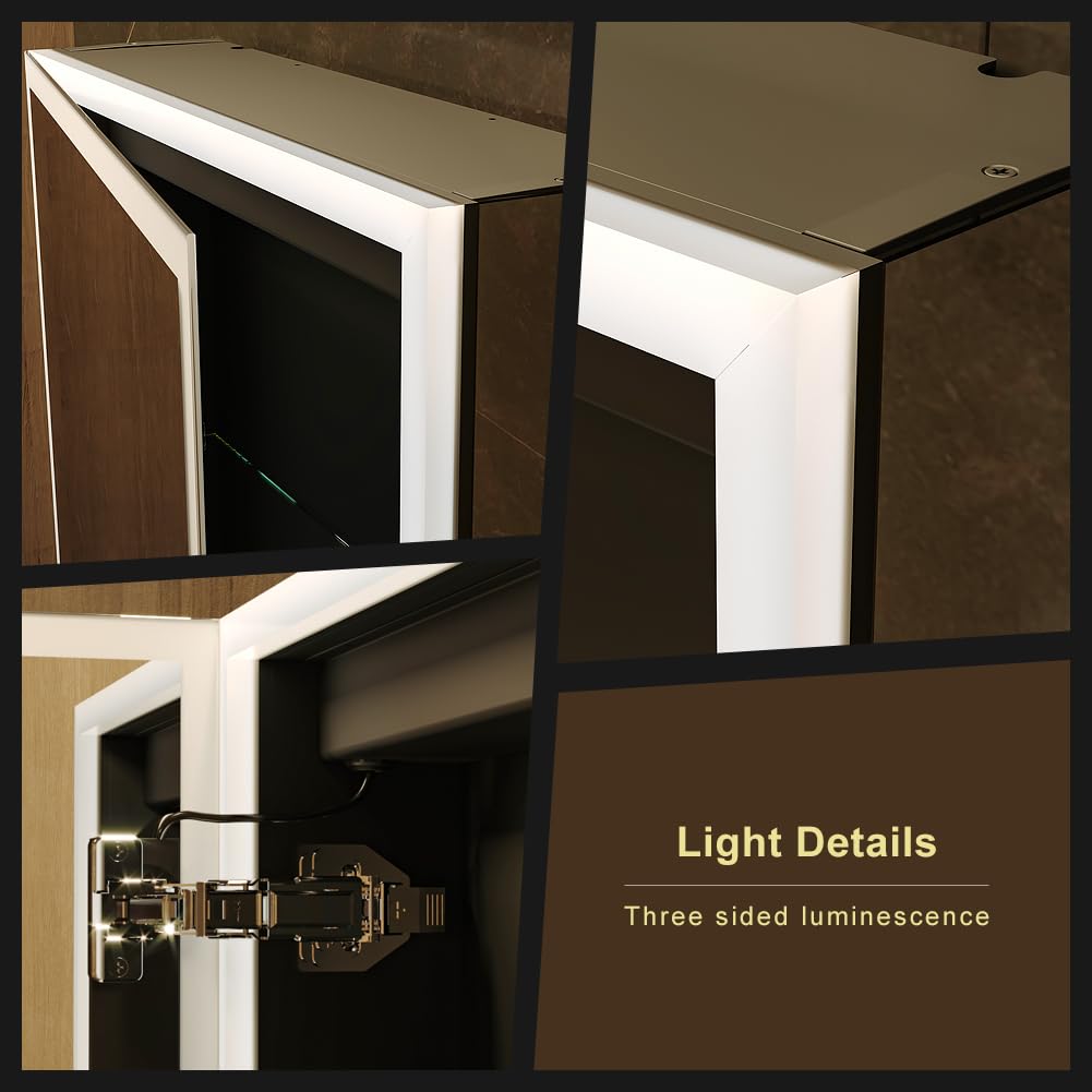 KWW LED Lighted Bathroom Medicine Cabinet with Sockets & USBs, Dimmable, 3 Color Light Makeup Mirror, Easy to Install, Wall Mounted Cabinet (Left hinge-20 * 28)
