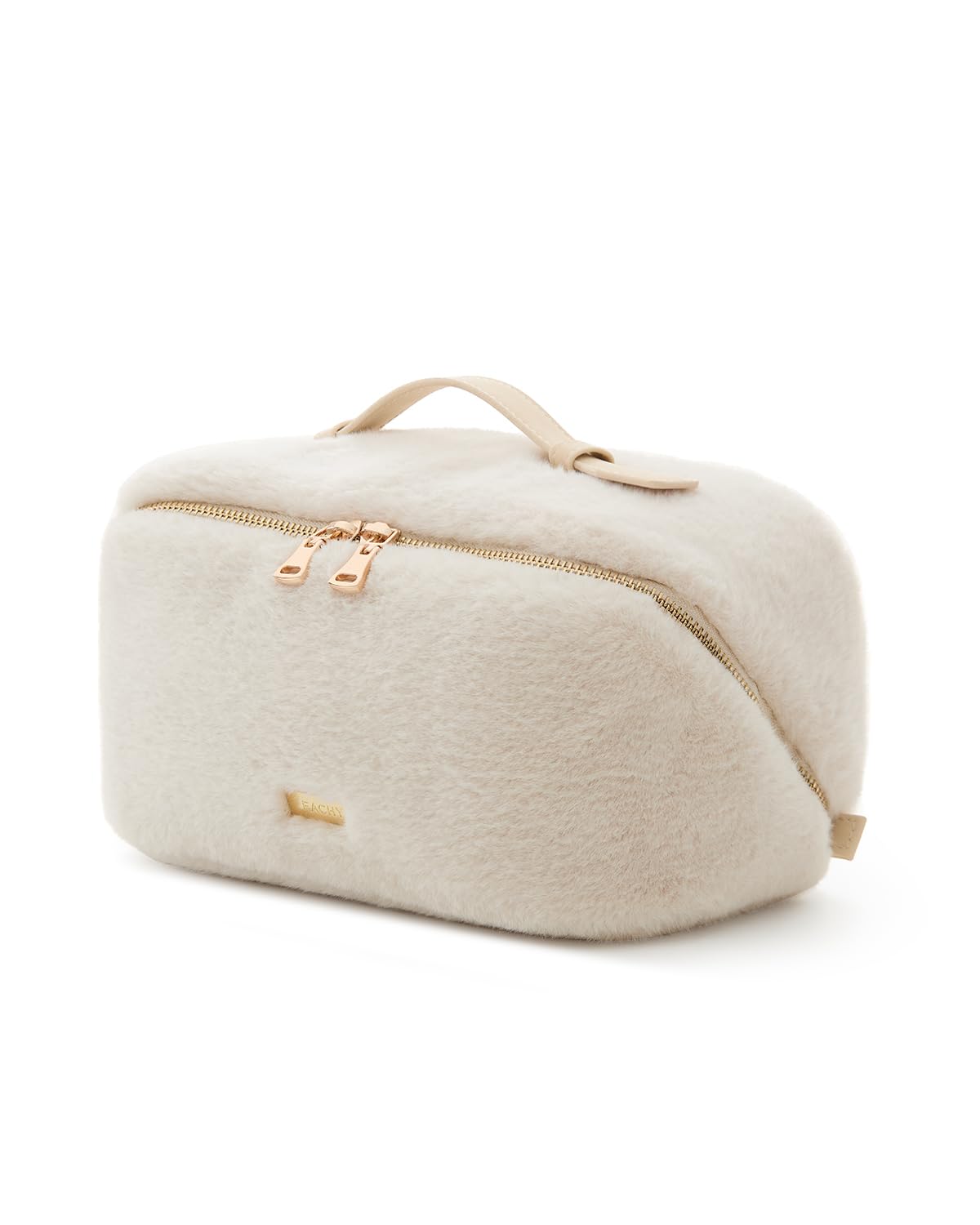 EACHY Travel Makeup Bag,Cute Faux Fur Cosmetic Bag for Women,Portable 180°Wide-Open Flat Make Up Bag,Large Capacity Makeup Pouch Make Up Organizer with Divider and Handle