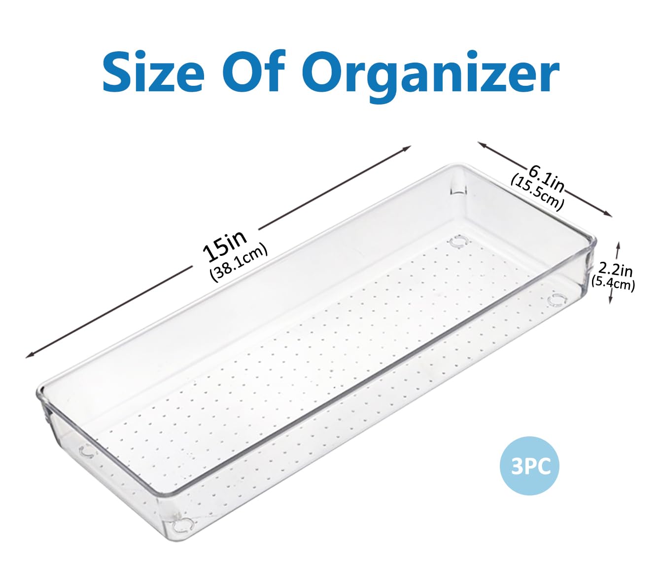 Kutesna 3 Pcs Large Clear Drawer Organizer Set, 15" X 6" Desk Drawer Organizers Trays with Non-Slip Silicone Pads, Storage Bins for Makeup, Office, Kitchen Gadgets Utensils, Bedroom, Tools, Bathroom