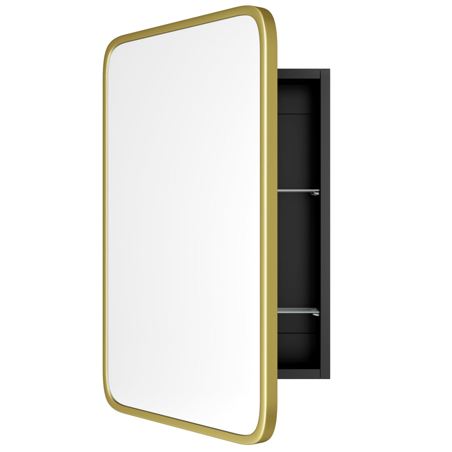 AGDULL Vintage-Style Bathroom Medicine Cabinet, Surface Mount or Recessed, Wood Wall Cabinet with Brushed Gold Metal Frame Curved Mirror, Overall 16.5" W x 24" H