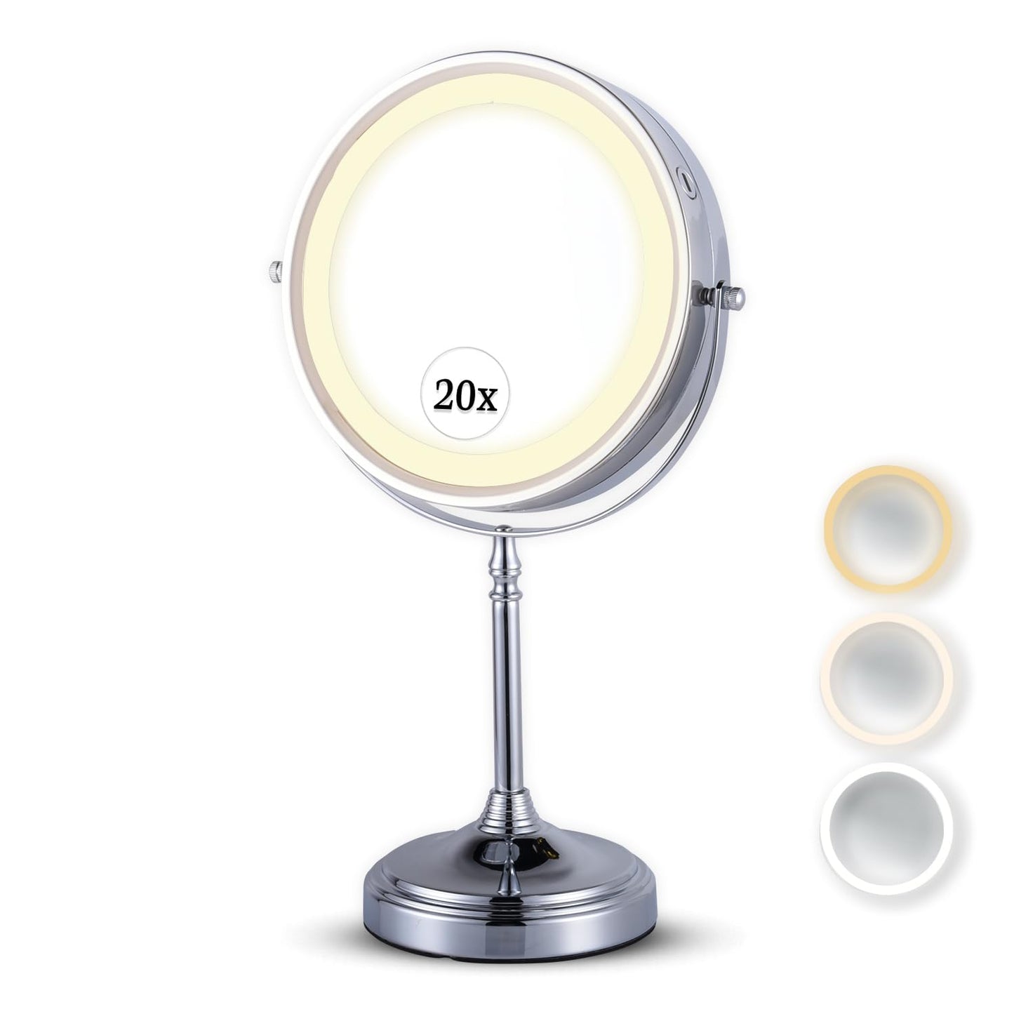 Ultra Zoom 20X Magnifying Lighted Table Mirror for Makeup - 20X & 1X Dual Sided LED Make-up Mirror with 3 Light Modes, Rechargeable Battery with USB Cable - 8" Wide & 15" Tall (Chrome)