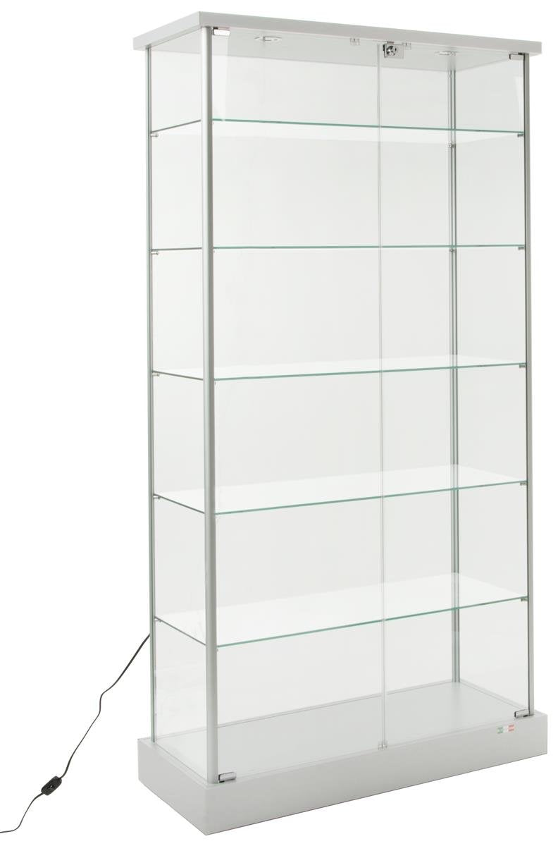 Displays2go Full Vision Lighted Cabinet, Laminated MDF, Aluminum & Tempered Glass Build – Silver Finish (193CPLEDSL)