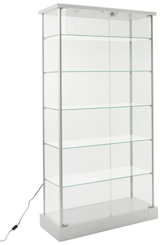 Displays2go Full Vision Lighted Cabinet, Laminated MDF, Aluminum & Tempered Glass Build – Silver Finish (193CPLEDSL)