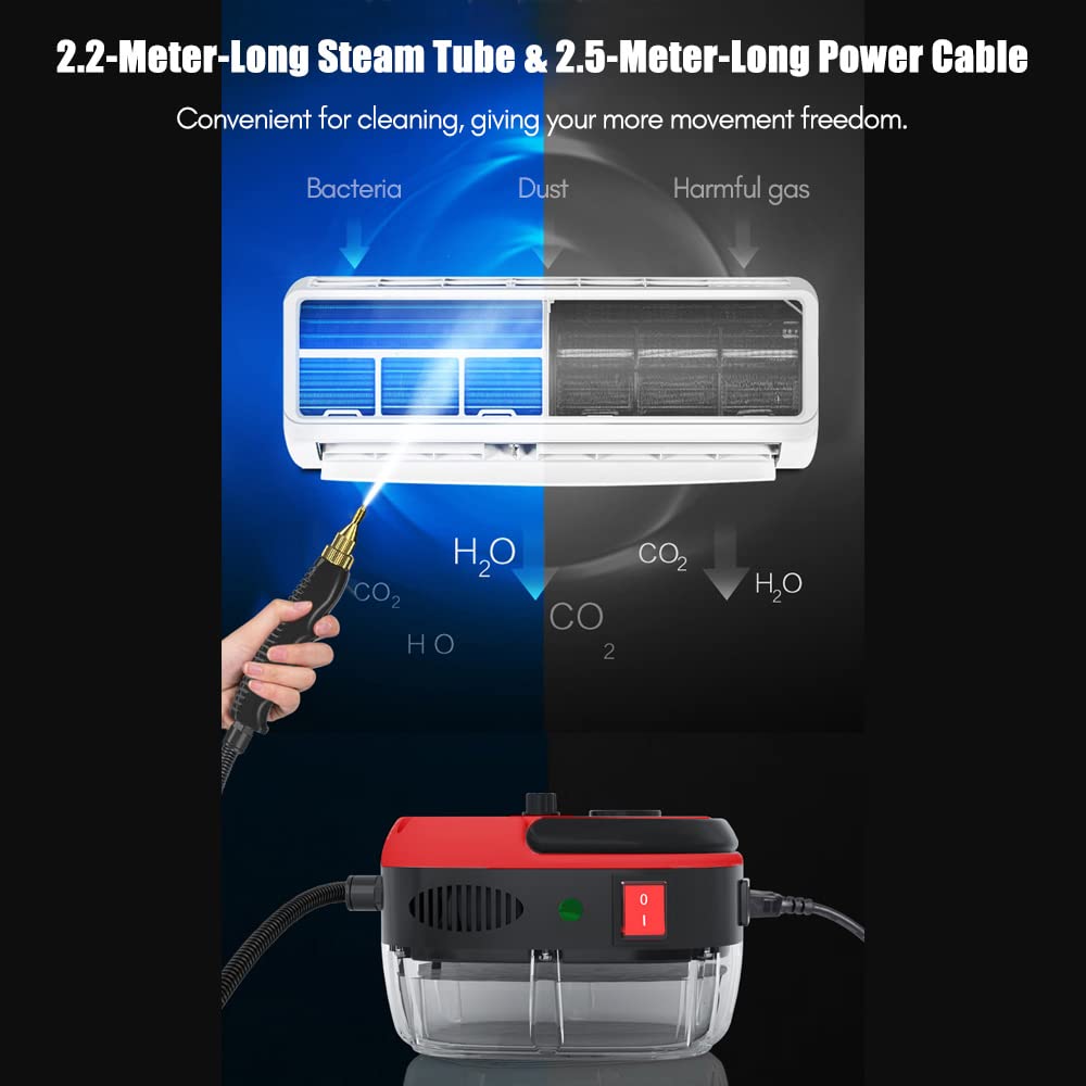 Irishom 2500W Handheld Steam Cleaner High Temperature Pressurized Steam Cleaning Machine Portable Car Steamer with Brush Heads (Red)