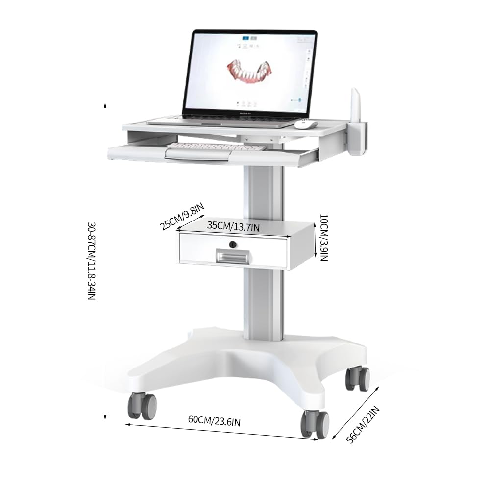 QUUIUO Hospital Medical Trolley Mobile Laptop Pallet Cart with Oral Scanner Holder Height Adjustable Workstation for Dental Clinic Hospital Beauty