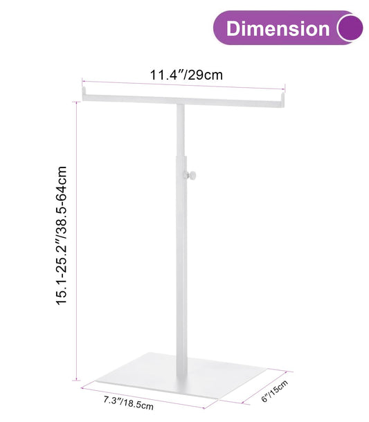 Vietrey Purse Display Stand T Shaped, Countertop Jewelry/Scarf/Handbag T-Bar Display Stand, Tabletop Double Hook Hanging Stands for Long Necklaces, Metal with Adjustable Height - White