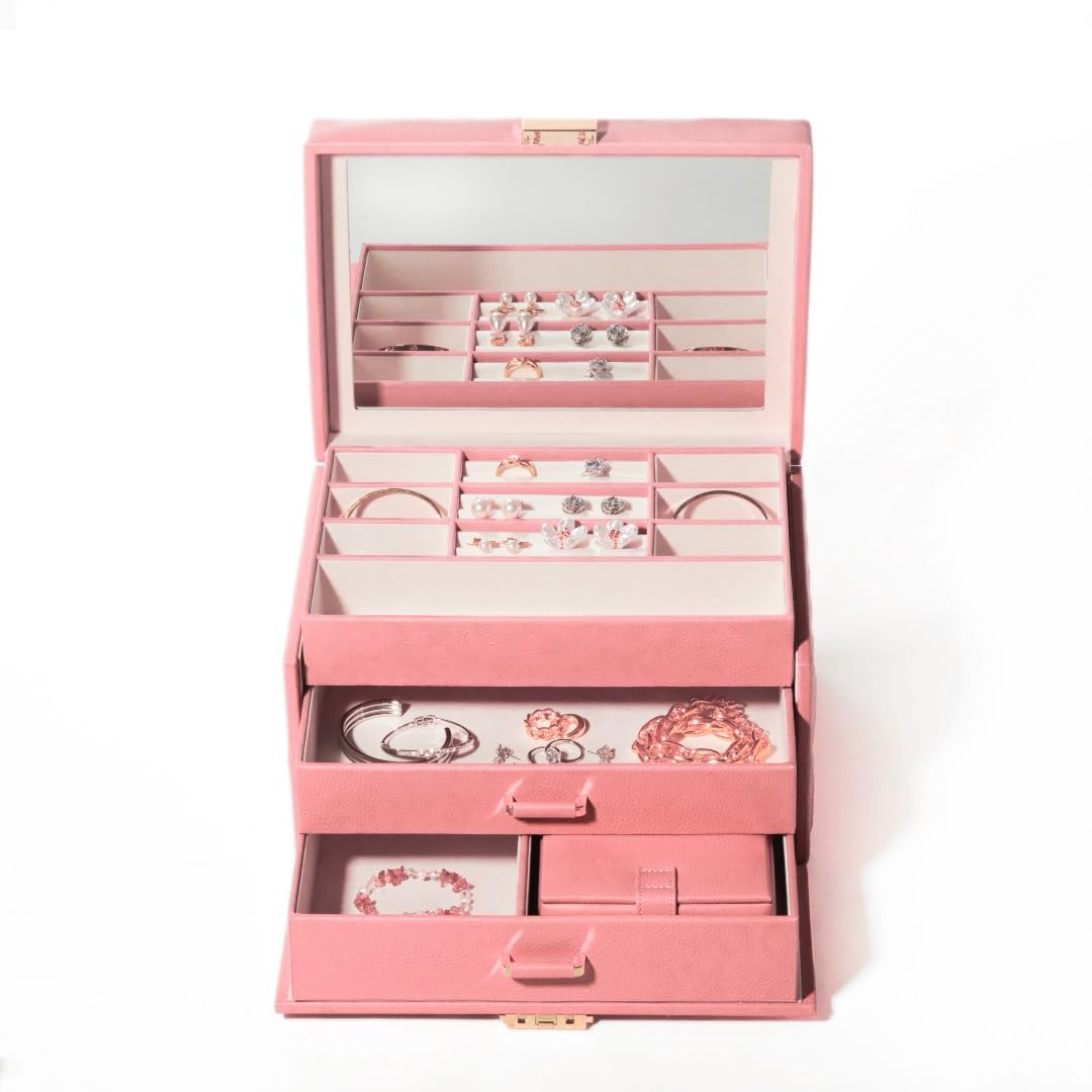 BILLSTONE Amour Large Rose Gold Jewelry Box, Jewelry Organizer and Storage with Multi Tray Compartments, Genuine Leather