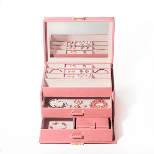BILLSTONE Amour Large Rose Gold Jewelry Box, Jewelry Organizer and Storage with Multi Tray Compartments, Genuine Leather