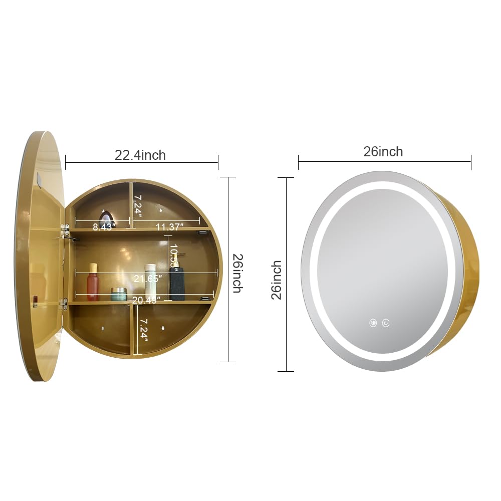 Janboe 26inch Round Medicine Cabinet with Lights,Led Medicine Cabinet with Defogger,Illuminated Mirror Cabinet for Bathroom,Dimmable,Anti-Fog,3 Colors,Surface Mount only,Gold