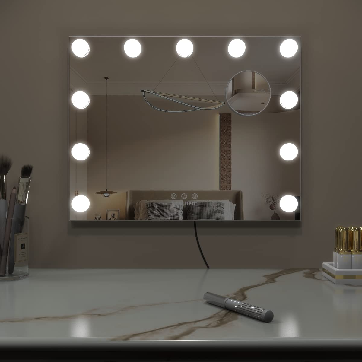 BEAUTME Vanity Mirror with Lights,Dressing Tabletop Vanity Mirror with Led Lights Beauty Mirror, Comes with a Tenfold Magnifying Glass, Intelligent Touch Desktop/Wall Mounted Makeup Mirror