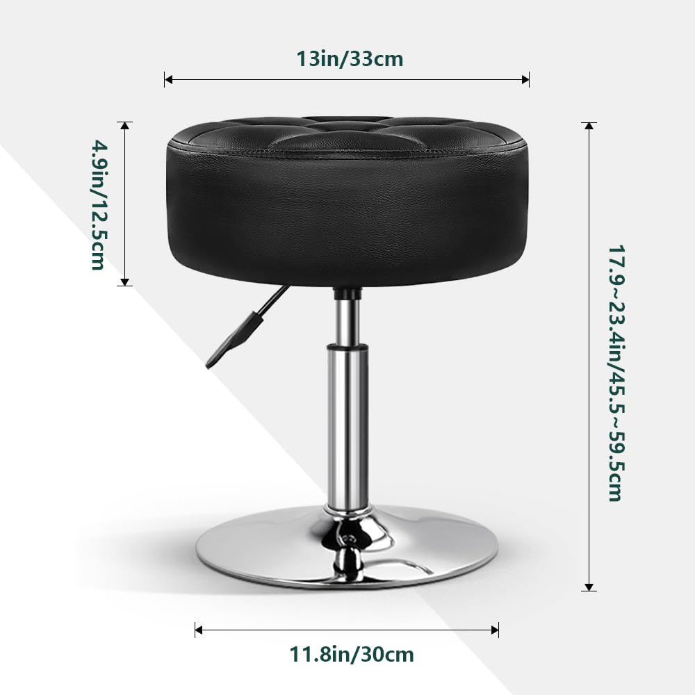 BFTOU Black 4.9-inch Thickened Vanity Stool Round PU Leather Swivel Height Adjustable Makeup Chair Ottoman for Bedroom Living Room SPA Salon Shop Small