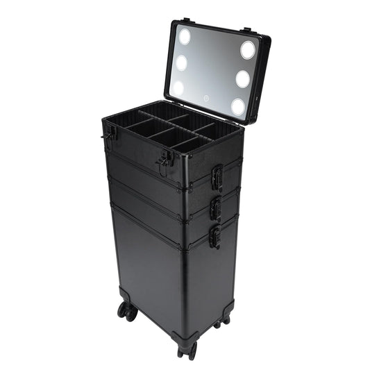 Karl home 4 in 1 Makeup Train Case with 3 Color LED Light Mirror, Rolling Cosmetic Trolley Travel Organizer with Key 360° Swivel Wheels for Beauticians Hairstylists Nail Tech Students, Black