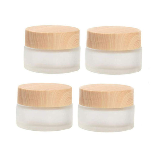 Healthcom 50 Gram/50 ml Empty Sample Jars Round Frosted Glass Bottle Cosmetic Cream Jar Wood Grain Lid Cosmetic Container Glass Cream Box Refillable Cream Pot Jars for Lip Balm Lotion Eyeshadow,4 Pack