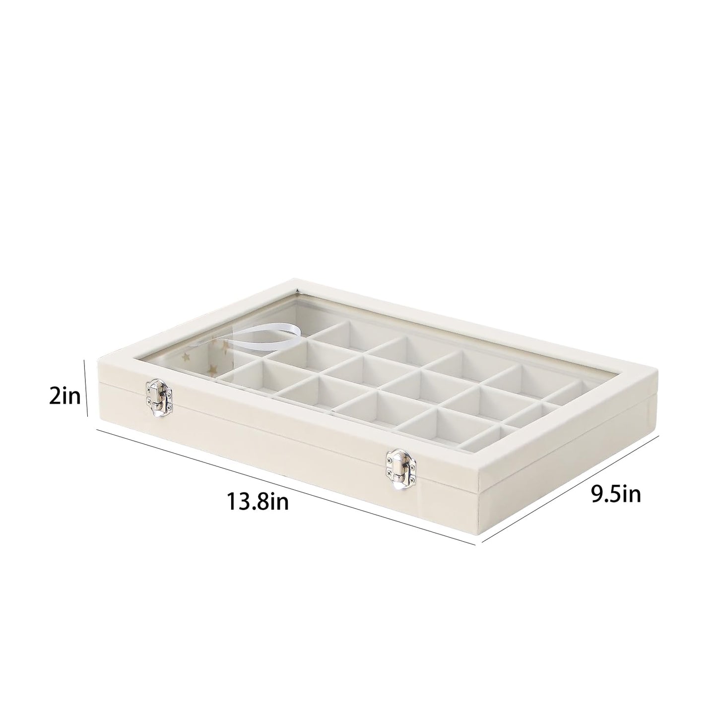 Coward Jewelry Organizer Box, Beige Velvet 24 Grids Ring Earring Jewelry Display Tray Case with Transparent Glass Lid for Home Drawer or Shop Selling