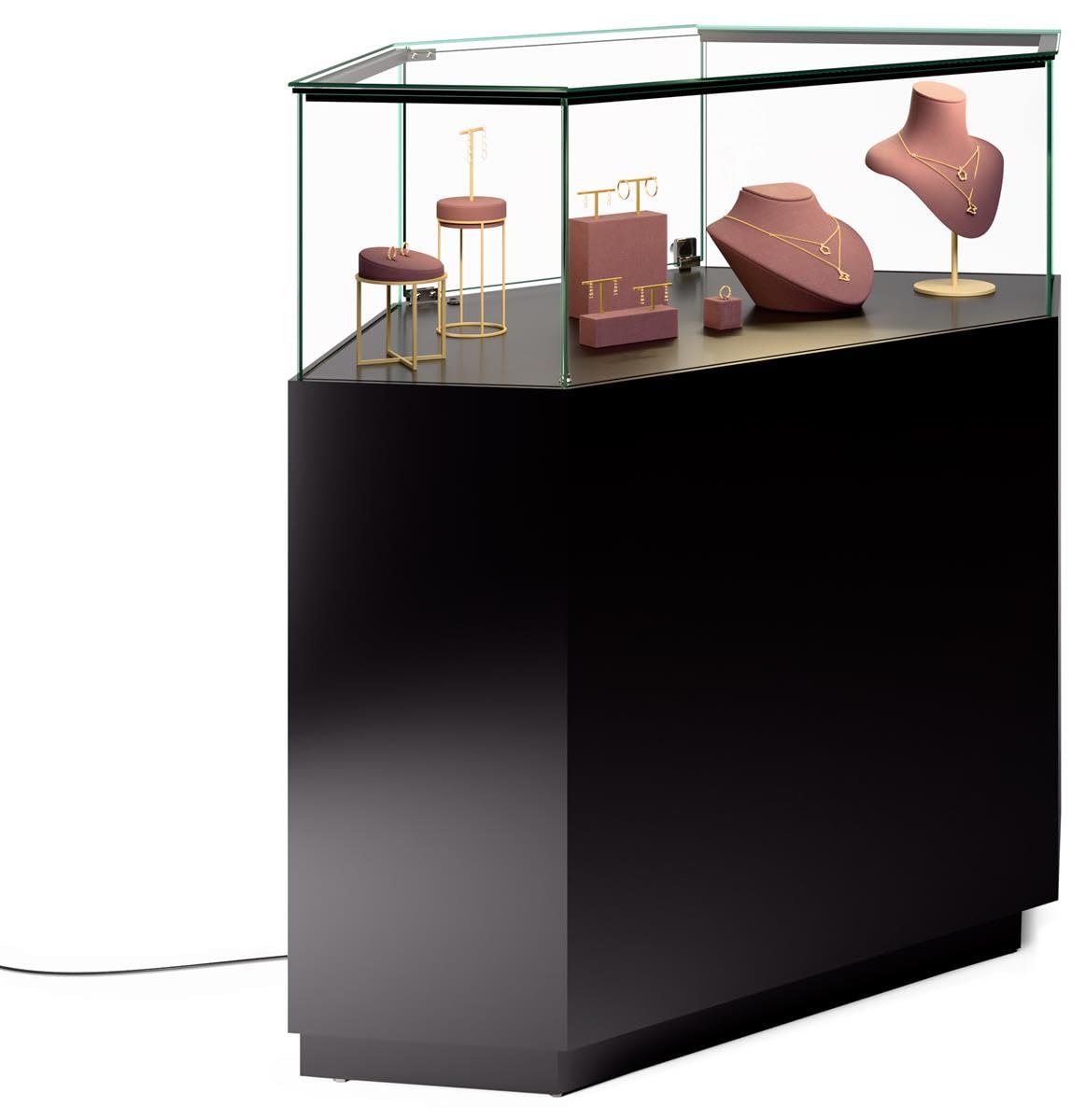 Displays2go, Glass Gallery Showcase, Laminated MDF & Tempered Glass Construction – Black Finish (GTLEDQCBLK)