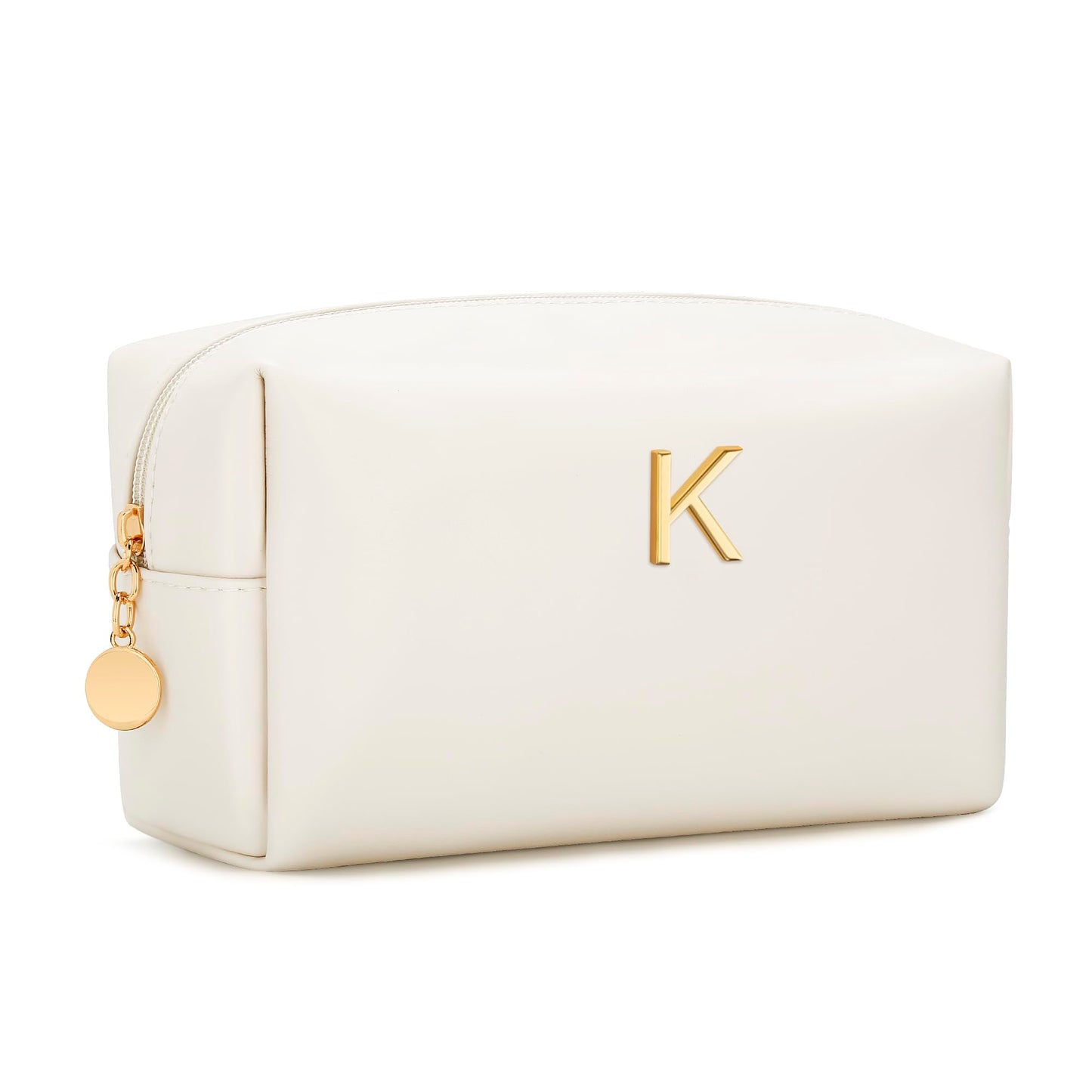CLOUDWINGS Gifts for Women Bridesmaid Gifts Personalized Initial Makeup Bag PU Leather Cosmetic Waterproof Travel Toiletry Bag (Beige K)