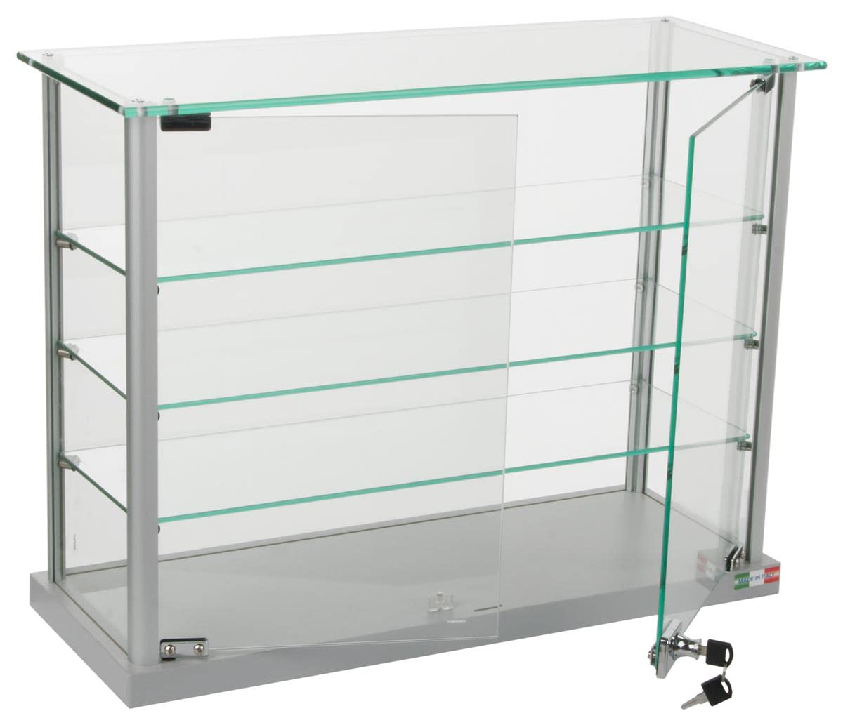 Displays2go Countertop Glass Display Case – Silver Aluminum Frame with 3 Adjustable Shelves & Locking Doors, EuroVu Series (165ANTSV)