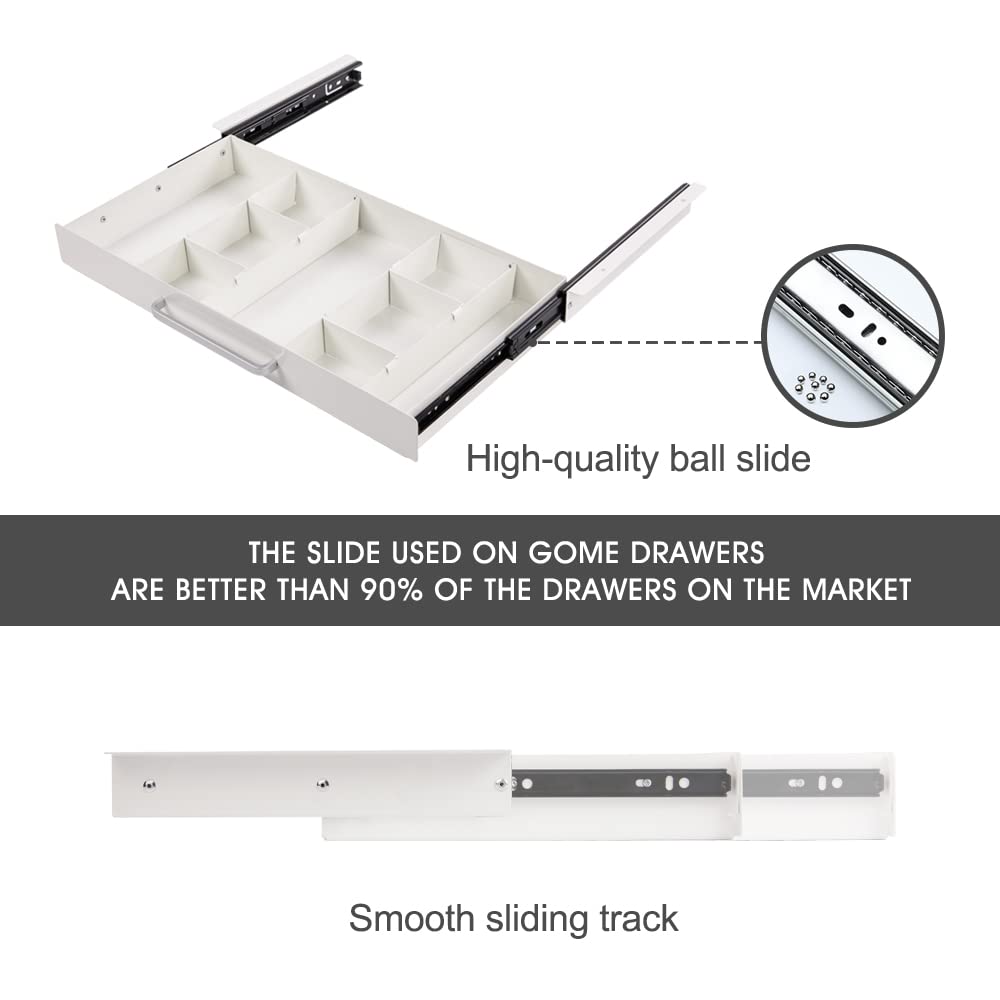 Large Size Under Desk Slide out Pencil Drawer White with Adjustable Space Divider Design for Storing Pencil and Office Accessories, Underdesk Pull out Tray Organizer Mounted for Sit Stand Workstation
